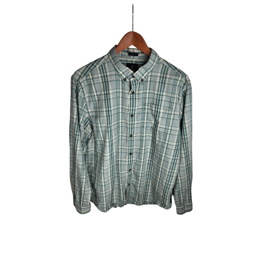 prAna Mikael Shirt Men's L Plaid Agave Teal Green Button Down Slim Fit Organic